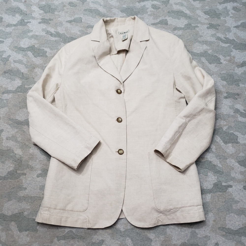 L.L. Bean Coat Womens 8 Beige Button Linen Blend Boho Outdoors Blazer